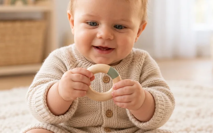 Martim passando um brinquedo de uma mão para a outra